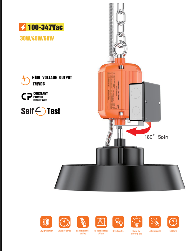 BIC-NG-UFO battery backup Neutral - 200w CCT adjustable with motion sensor